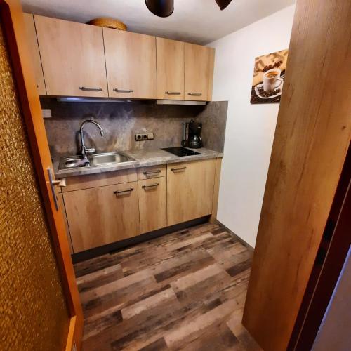 a small kitchen with wooden cabinets and a sink at Auf'm Feggenlehen in Ramsau