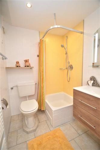 a bathroom with a toilet and a shower and a sink at Appartementhaus Alpenrose in Wallgau