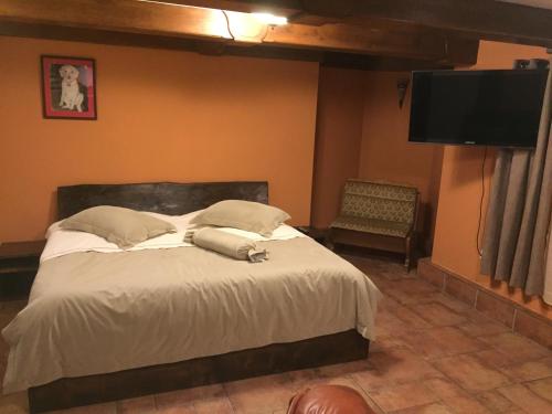 a bedroom with a bed and a flat screen tv at RRR Apartmány 1 in Bojnice