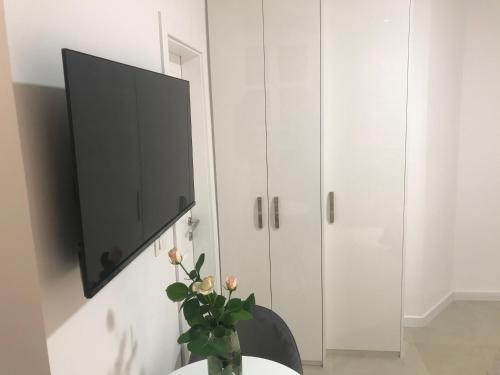 a tv on a wall next to a vase with flowers at Central Park Residence in Split