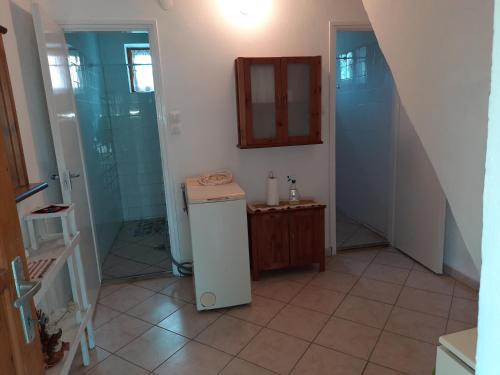 ein Bad mit einer Dusche, einem Waschbecken und einem Spiegel in der Unterkunft Faluház Tiszasüly in Tiszasüly