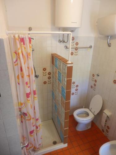 a bathroom with a toilet and a shower curtain at I GECHI - MARINA DI CAMPO in Marina di Campo