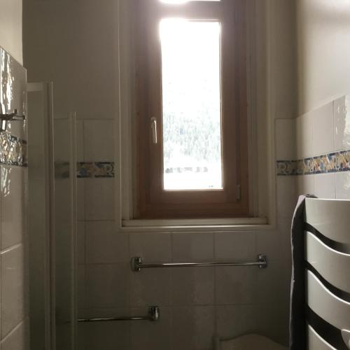 La salle de bains est pourvue d'une douche et d'une fenêtre. dans l'établissement Appartement typique,chaleureux et pratique, à Chamonix-Mont-Blanc