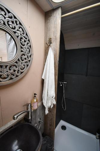 a bathroom with a sink and a mirror and a tub at Leopold der Lamahütewagen in Oberndorf an der Melk