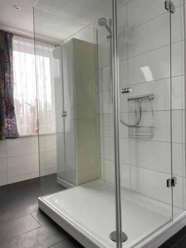 a bathroom with a shower with a glass door at Meyers Ausguck in Zingst