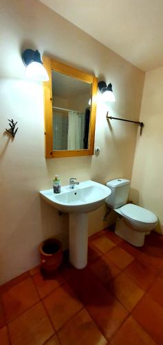a bathroom with a sink and a toilet and a mirror at Traditional Hillside Cottage in Gythio