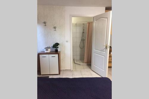 een badkamer met een douche en een witte deur bij JAndi apartman in Hévíz
