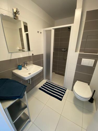 uma casa de banho com um lavatório, um WC e um chuveiro em COZY STUDIO WITH GARAGE IN THE CITY CENTER em Plzeň