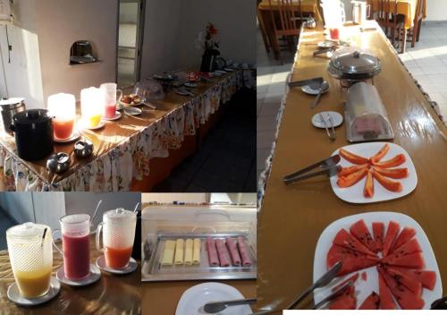 two pictures of a long table with food and drinks at Hotel Amazonia in Castanhal