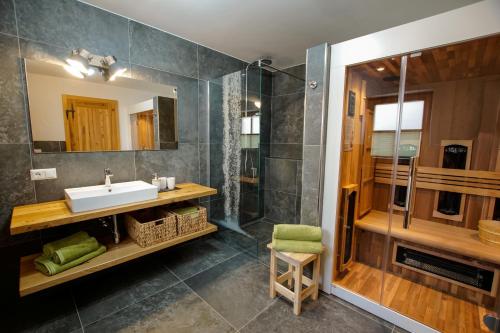 La salle de bains est pourvue d'un lavabo et d'une douche. dans l'établissement Adelheid Keusche - DAS Chalet in Rennweg am Katschberg, à Rennweg