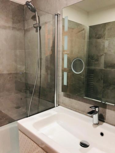une salle de bain avec douche et lavabo dans l'établissement Le Chalet d'Aurouze 103, Appartement 6 personnes - la Joue du Loup, à La Joue du Loup