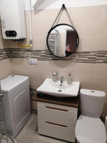 a bathroom with a sink and a toilet and a mirror at MIESZKANIE 30M in Giżycko
