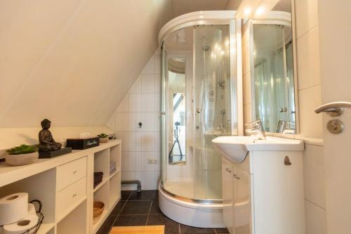 a bathroom with a shower and a sink at Vakantiehuis De Drie Bruggen in Valkenswaard