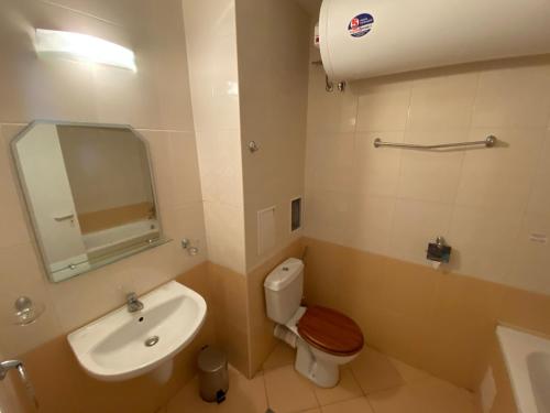 ein Badezimmer mit einem Waschbecken, einem WC und einem Spiegel in der Unterkunft Marina Cape Garden in Aheloy