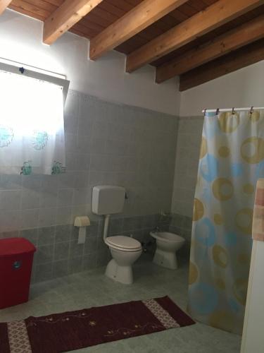 y baño con aseo y cortina de ducha. en Carpignana casa vacanze Gallipoli Santa Maria al Bagno, en Galatone