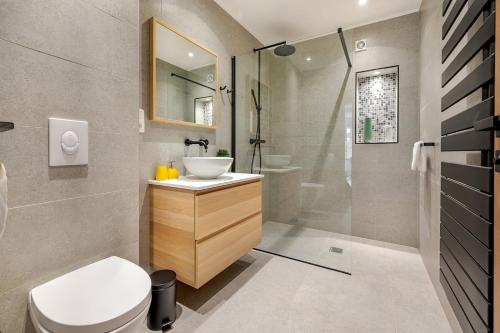 a bathroom with a toilet and a sink and a shower at Quai de l'Ourthe Floor1-2 in La Roche-en-Ardenne
