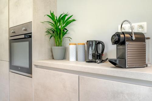 a kitchen counter with a coffee maker and a plant at Quai de l'Ourthe Floor1-2 in La Roche-en-Ardenne