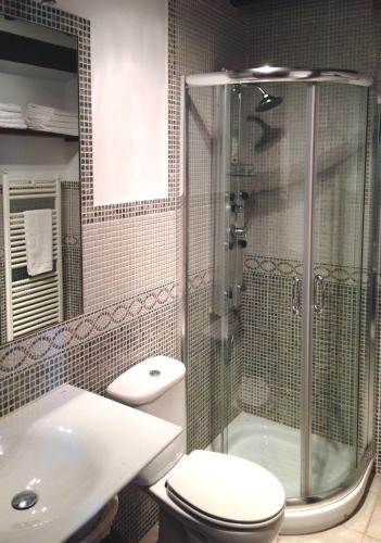 a bathroom with a shower and a toilet and a sink at Apartamentos La Huertona in Queveda