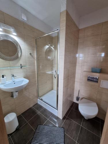 a bathroom with a shower and a sink and a toilet at Villa Lordis in Krynica Morska