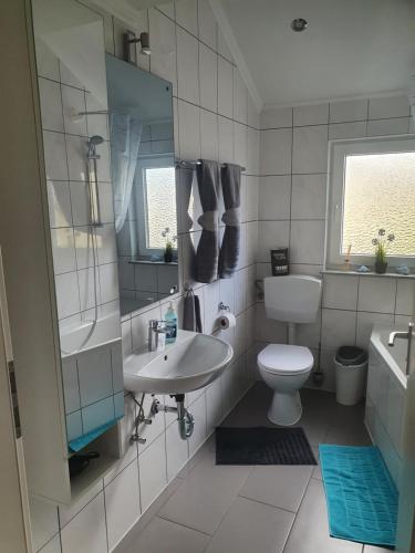 une salle de bain avec un lavabo, des toilettes et un miroir dans l'établissement Ella's Wolke Appartements - EW3, à Zweibrücken