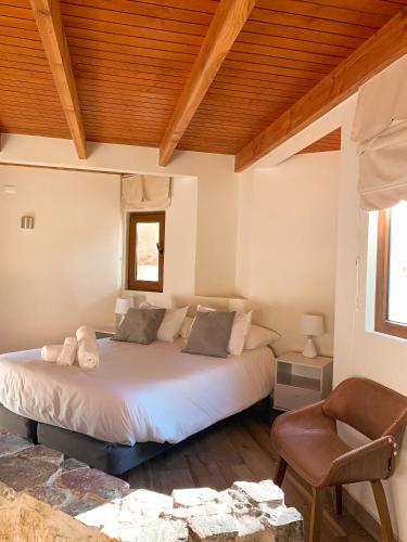 a bedroom with a large bed and a chair at Aldea del Valle - Elqui Villas, Pisco Elqui in Pisco Elqui