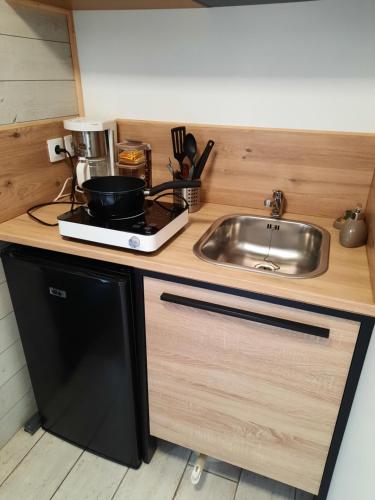 un comptoir de cuisine avec un évier et un micro-ondes dans l'établissement Les nids des falaises, à Saint-Jouin-Bruneval