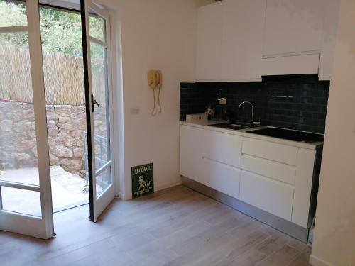 uma cozinha com um lavatório e uma bancada em Panoramica Flat em Porto Santo Stefano