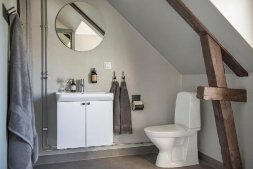 a bathroom with a toilet and a mirror at Gumbalde Resort in Stånga