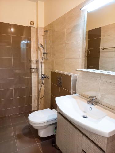 a bathroom with a toilet and a sink and a shower at Villa Bruno in Nikiana
