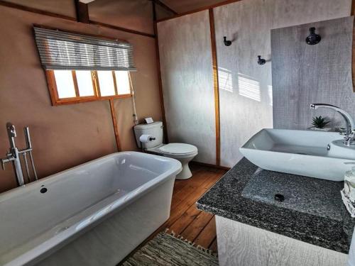 a bathroom with a tub and a toilet and a sink at Jabula Bush Camp in Klipdrift