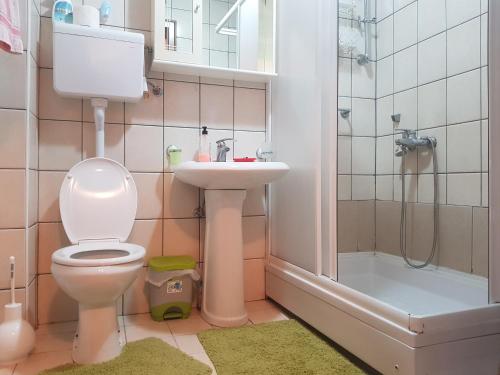 e bagno con servizi igienici, lavandino e doccia. di Apartman Bojana a Vrnjačka Banja