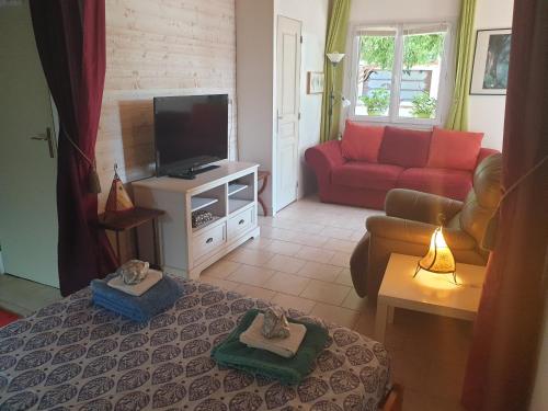 a living room with a red couch and a tv at Appartement à Tournefeuille in Tournefeuille