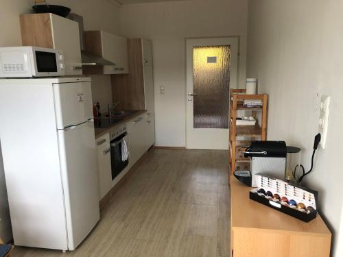 a kitchen with a white refrigerator and a microwave at City Apartment Railway in Klagenfurt