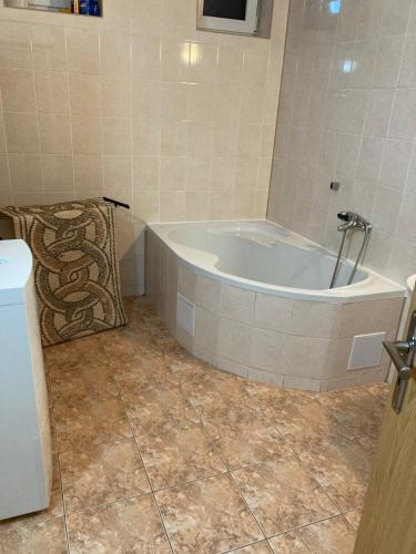a bathroom with a bath tub in a room at Apartmanový byt v priemyselnej zóne in Vranov nad Topľou