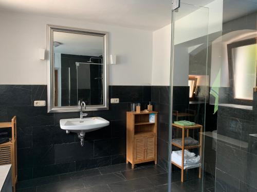 a bathroom with a sink and a glass shower at Familien Ferienhaus in Bad Elster Vogtland - Natur pur und Wellness in Bad Elster