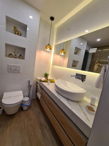 a bathroom with a sink and a toilet and a mirror at Apartman Kamena 67 A in Tučepi