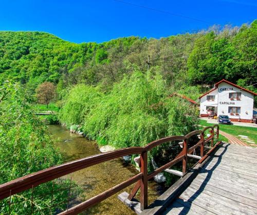 eine Holzbrücke über einen Fluss neben einem Berg in der Unterkunft Cabana Carolina in Laz