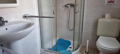 a bathroom with a shower and a toilet and a sink at Surf House Helena in Baleal