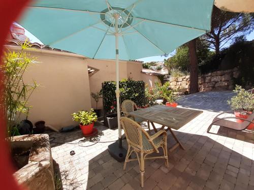 a table and chairs under an umbrella on a patio at Appartement Croisette in Sainte-Maxime