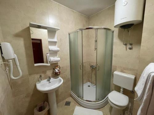 un bagno con doccia, WC e lavandino di Apartments Stari Ribar a Budua