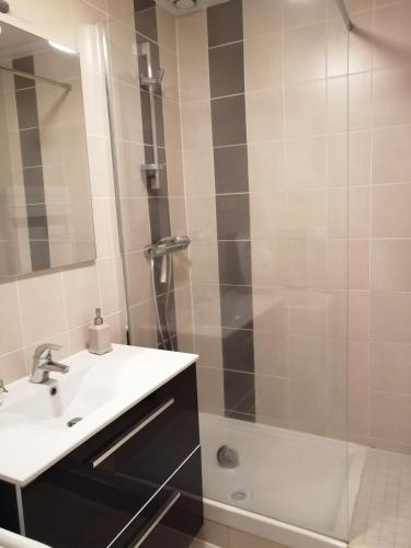 une salle de bain avec un lavabo et une douche dans l'établissement Logis du Cagaïre, au Puy-en-Velay
