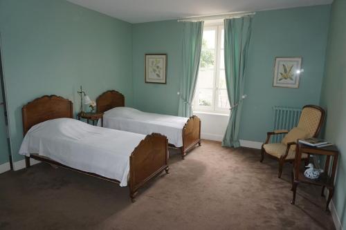 a blue room with two beds and a window at Le Rouzet in Cazouls-lès-Béziers