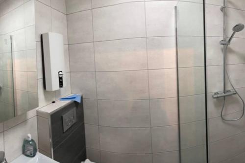 La salle de bains est pourvue d'une douche et d'un distributeur de savon sur le mur. dans l'établissement Wohnung 35m2 mit Traum Panorama und 30m2 Terrasse, à Bad Aussee