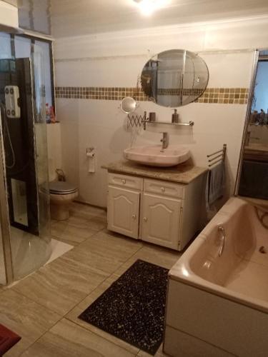 une salle de bain avec un lavabo, une douche et des toilettes dans l'établissement villa Natacha, à Villeparisis