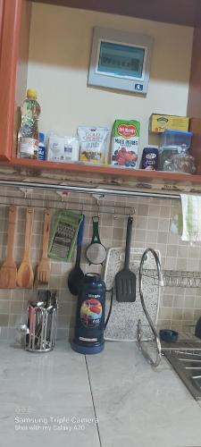 a kitchen counter with a shelf with cooking ingredients at Annettes Place in Naivasha
