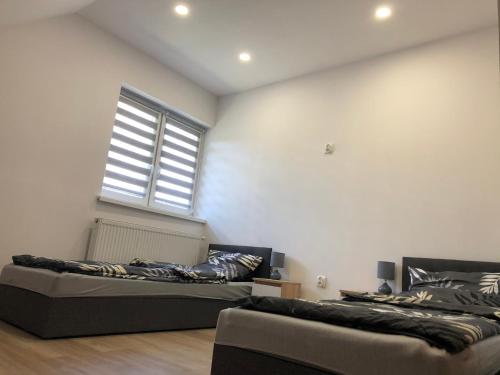 a living room with two beds and a window at Pokoje nad Dymnem in Koczała