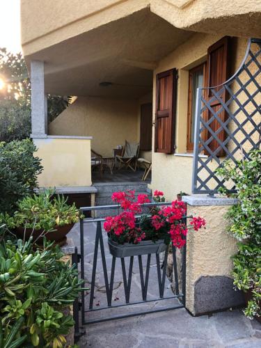 a balcony of a house with flowers in a basket at CASA LA TANCA in Isola Rossa