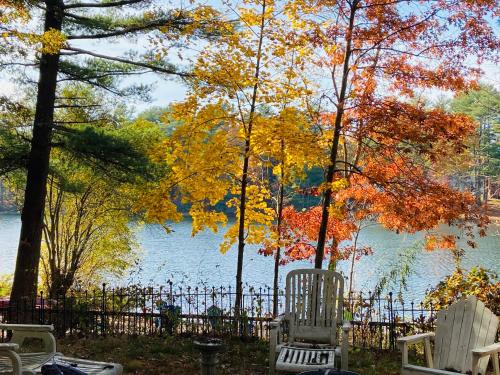 two white chairs sitting in front of a body of water at Clear Pond Getaway in Plymouth