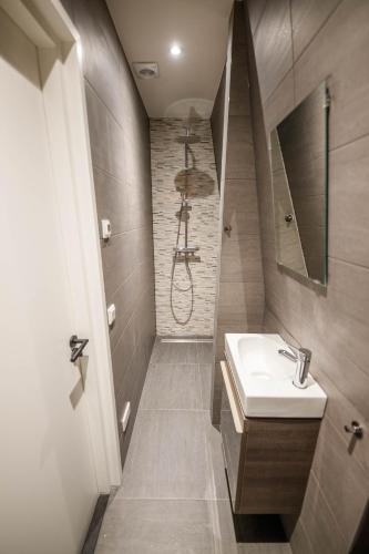 a bathroom with a sink and a shower at Deluxe 35m2 City Center Suite with Views - DB6C in Den Bosch