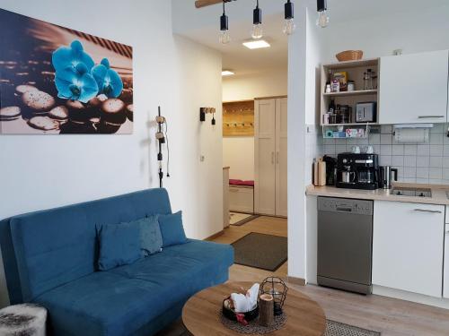 sala de estar con sofá azul y cocina en Ferienwohnung 32 im Ferienland Sonnenwald - Bayerischer Wald, en Schöfweg